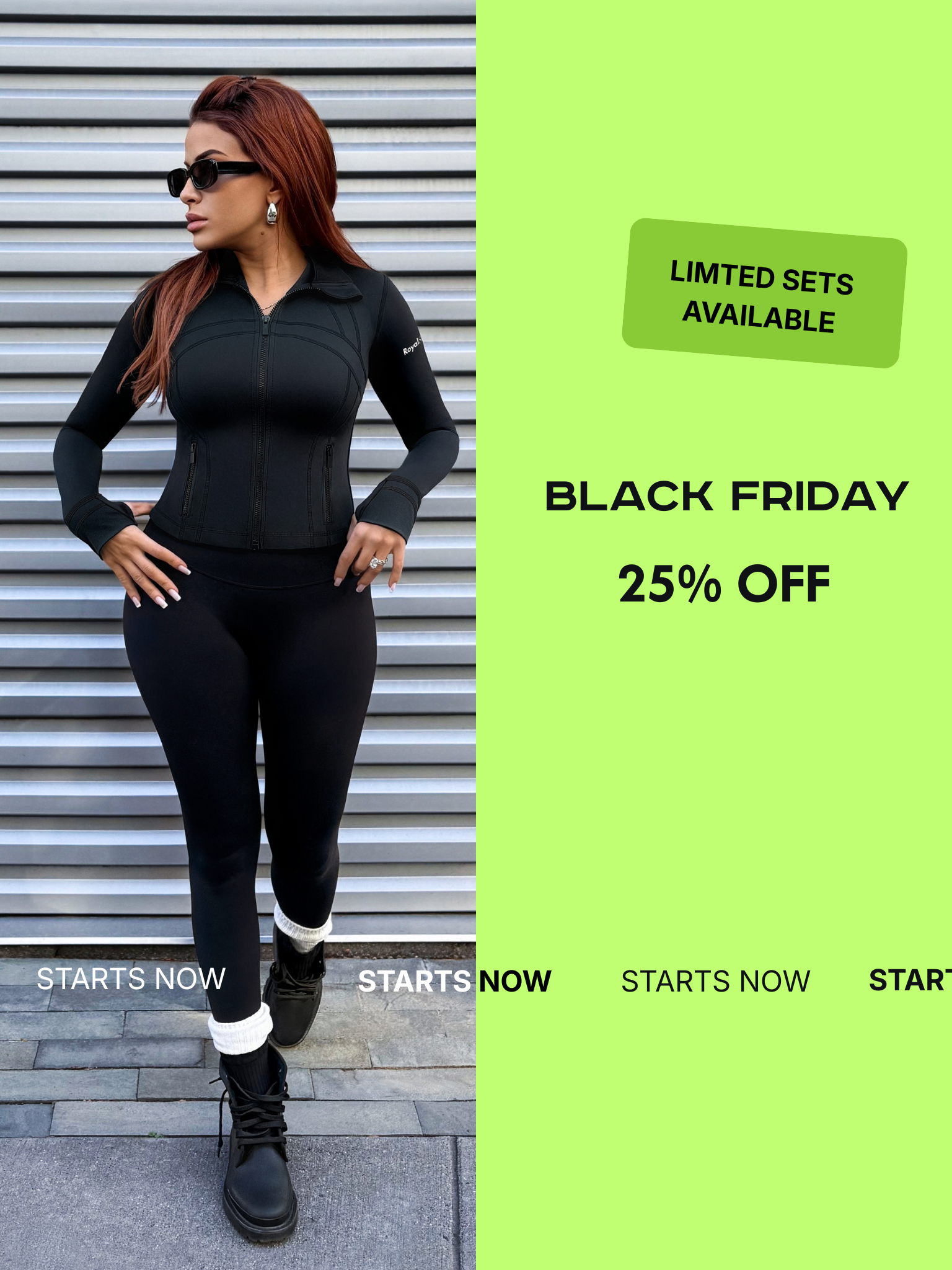 Model wearing a black yoga outfit standing in a neutral pose. Luxury and fitness style.