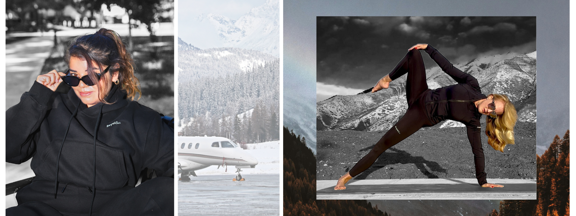 Model wearing a black yoga outfit standing in a neutral pose. Luxury and fitness style.